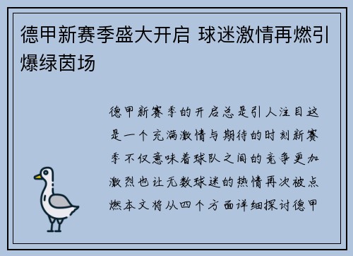 德甲新赛季盛大开启 球迷激情再燃引爆绿茵场