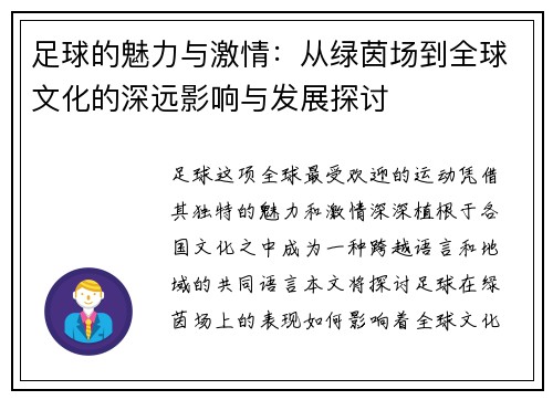 足球的魅力与激情：从绿茵场到全球文化的深远影响与发展探讨