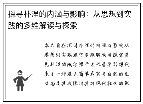 探寻朴涅的内涵与影响：从思想到实践的多维解读与探索
