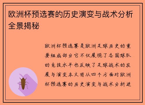 欧洲杯预选赛的历史演变与战术分析全景揭秘